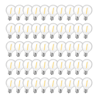GvvooHome 50-Pack LED G40 Replacement Bulbs – Shatterproof, E12 Base, Warm White 2200K for Indoor & Outdoor String Lights