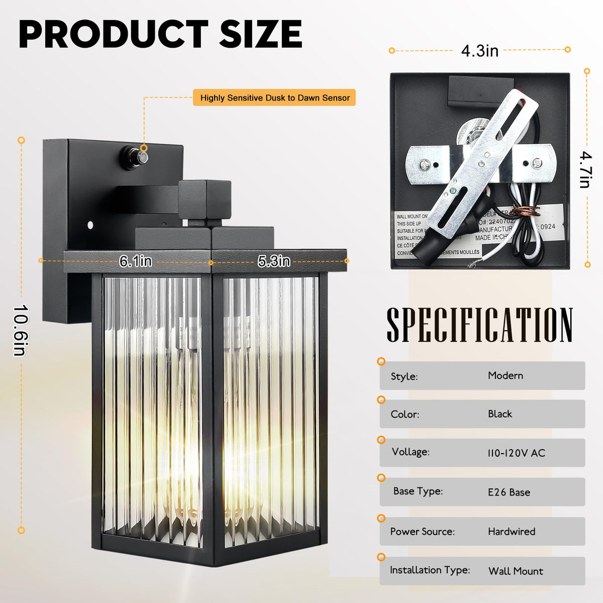 Hameso Dusk-to-Dawn Outdoor Wall Light – Waterproof, Tempered Glass Lantern