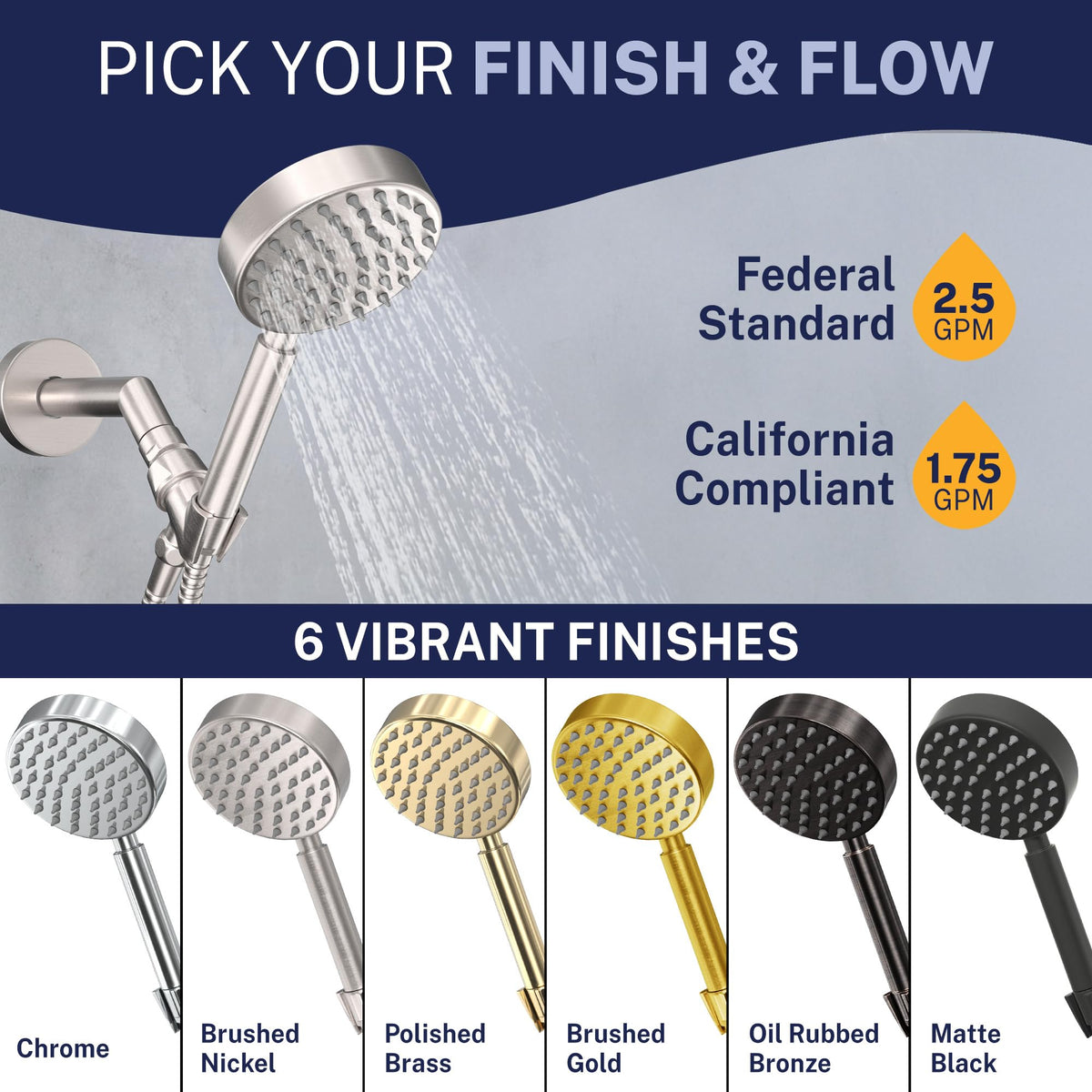 HammerHead Showers Solid Metal Handheld Shower Head – Brushed Nickel, 2.5 GPM, 6ft Hose