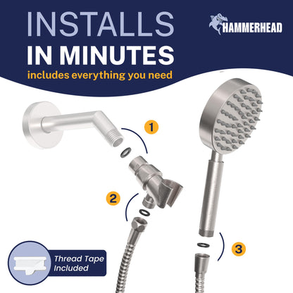 HammerHead Showers Solid Metal Handheld Shower Head – Brushed Nickel, 2.5 GPM, 6ft Hose
