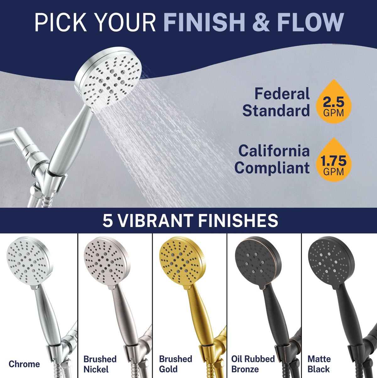 HammerHead Showers Solid Metal 3-Spray Handheld Shower Head with 72” Hose – Chrome, 2.5 GPM High Pressure