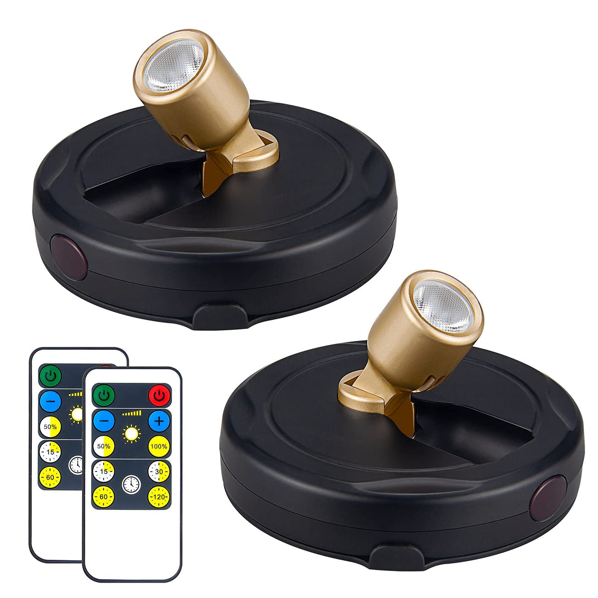 HAMVIDNE Wireless LED Spotlight – Battery Powered Puck Lights with Remote, Wall Art Uplight, 2-Pack (Gold)