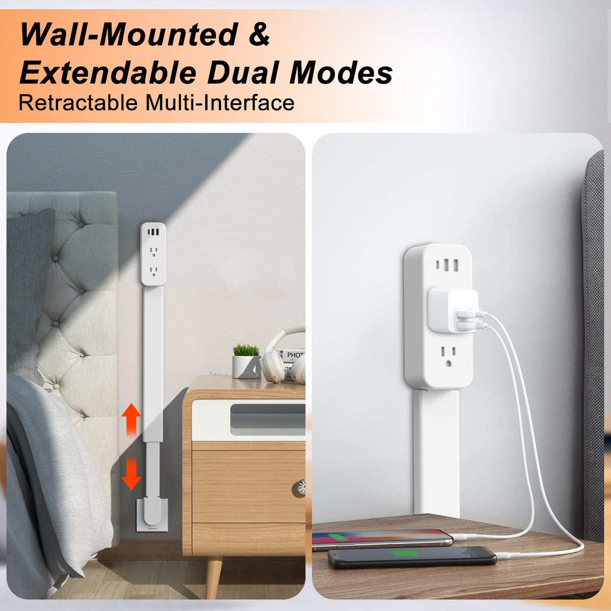 haodsso Electrical Outlet Extender Stick — USB-A, USB-C, 2 AC Outlets, 22–34 in Rotating 180°