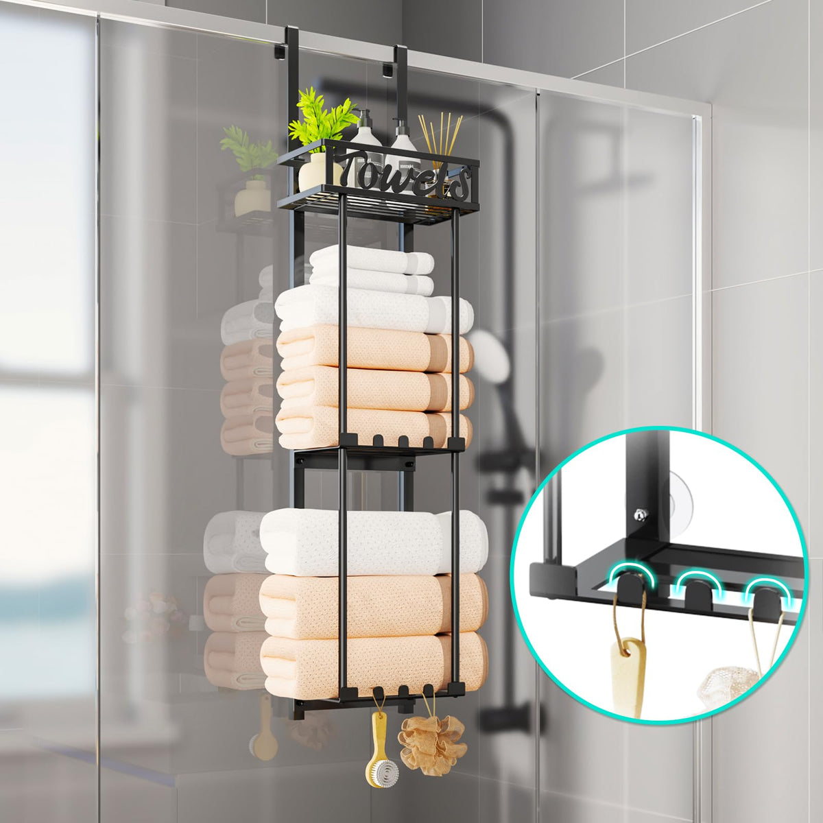HapiRm Towel Rack – 3-Tier Over-Door & Wall Mount, Black