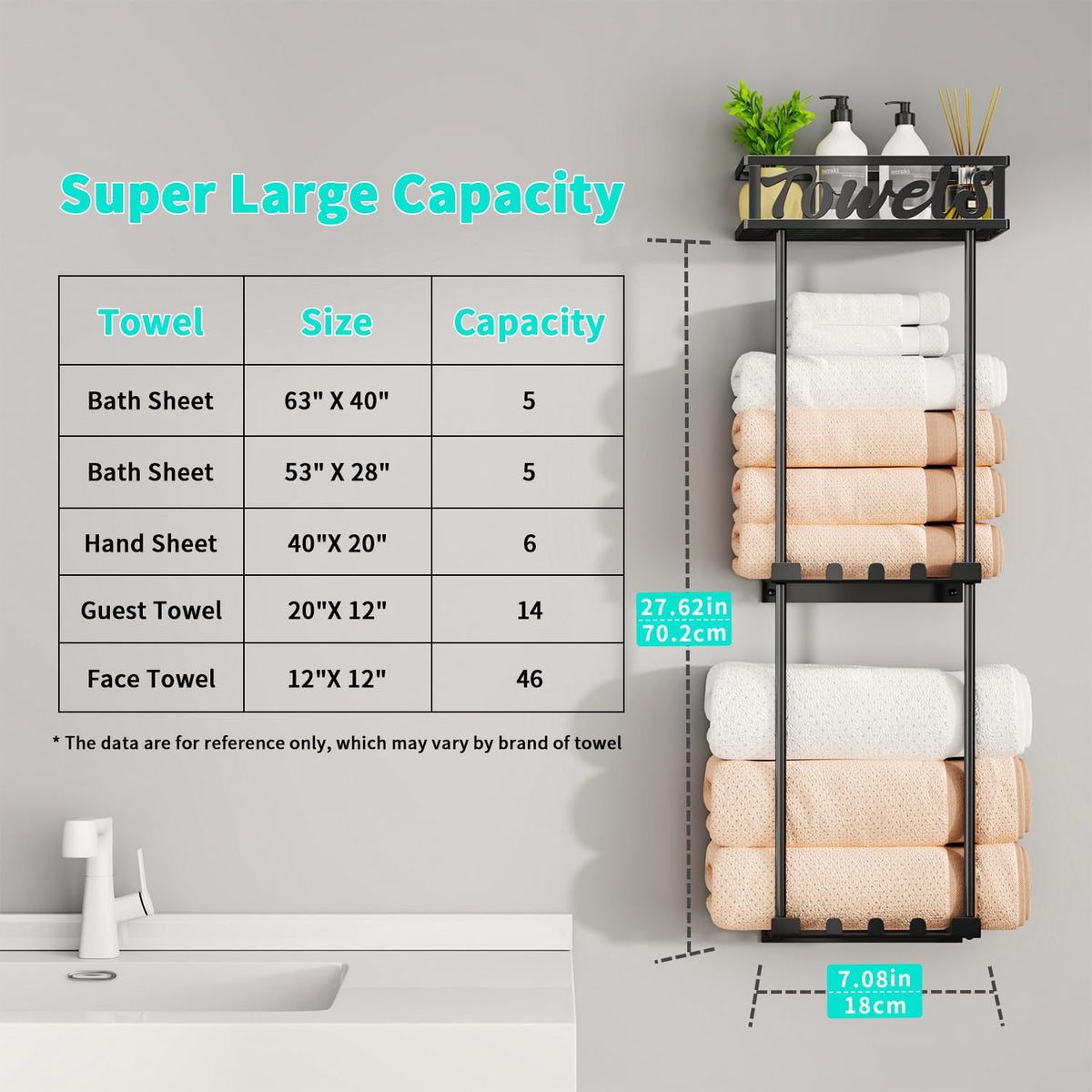 HapiRm Towel Rack – 3-Tier Over-Door & Wall Mount, Black