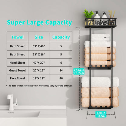 HapiRm Towel Rack – 3-Tier Over-Door & Wall Mount, Black