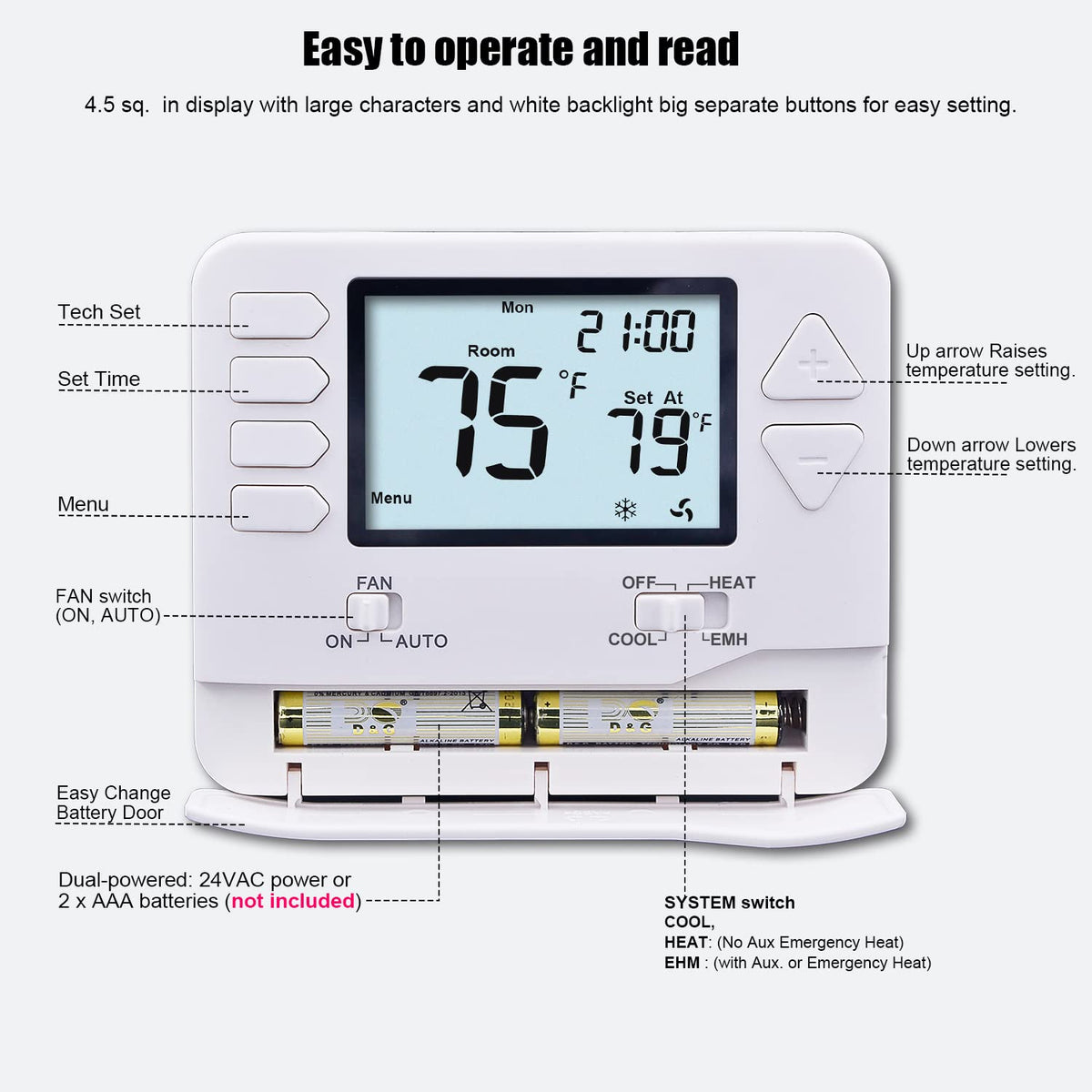 Heagstat H721 Non-Programmable Heat Pump Thermostat — 2H/1C, 4.5-Inch Display