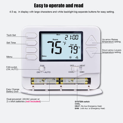 Heagstat H721 Non-Programmable Heat Pump Thermostat — 2H/1C, 4.5-Inch Display
