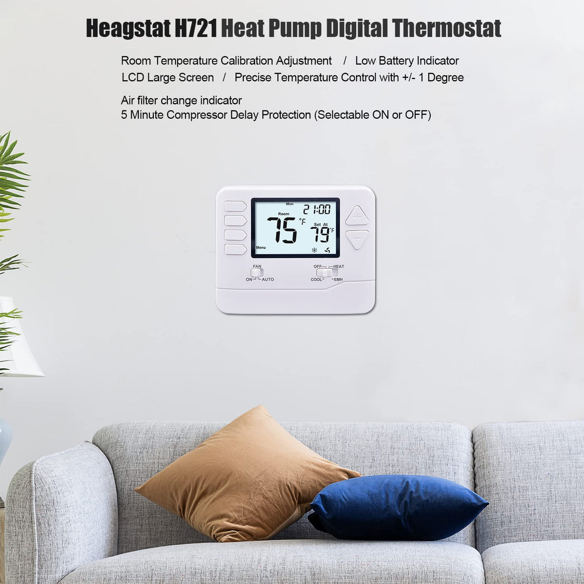 Heagstat H721 Non-Programmable Heat Pump Thermostat — 2H/1C, 4.5-Inch Display