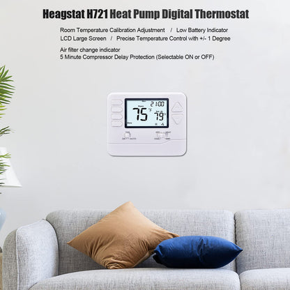 Heagstat H721 Non-Programmable Heat Pump Thermostat — 2H/1C, 4.5-Inch Display