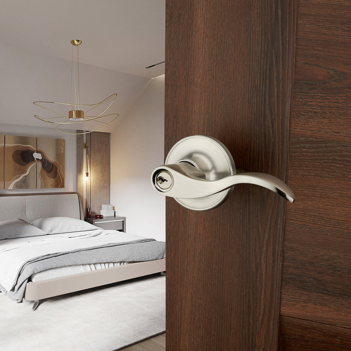 HENYIN Wave Lever Keyed Entry Door Lock 805SN-R – Right-Hand, Silver