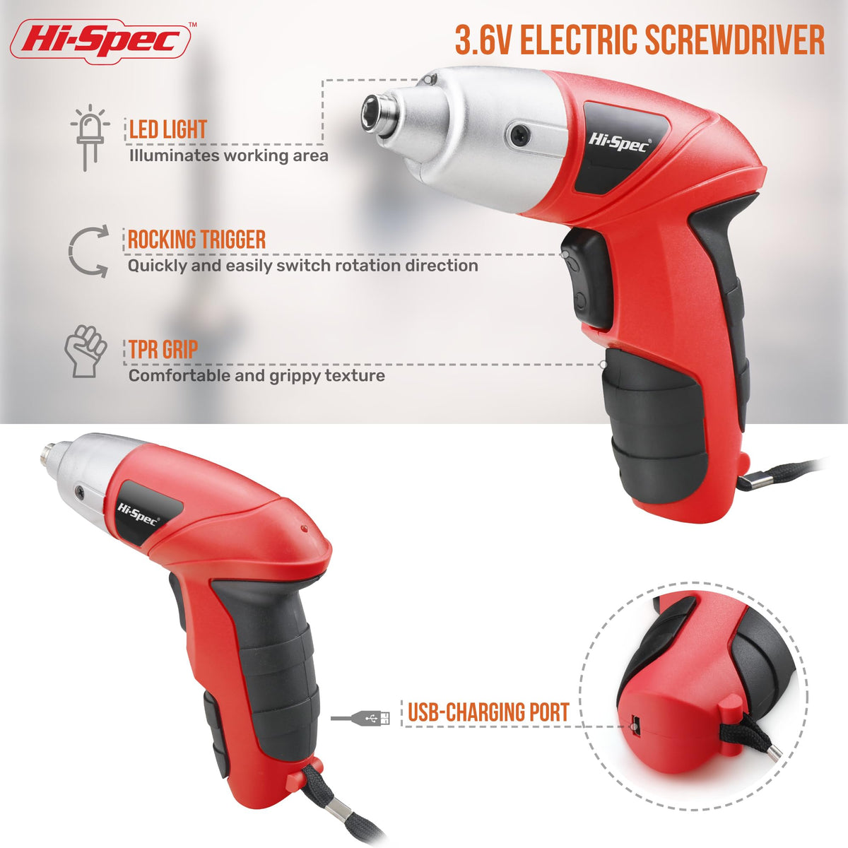 Hi-Spec Small Electric Screwdriver – 3.6V Cordless, USB Rechargeable, 23 Bits, Compact Red