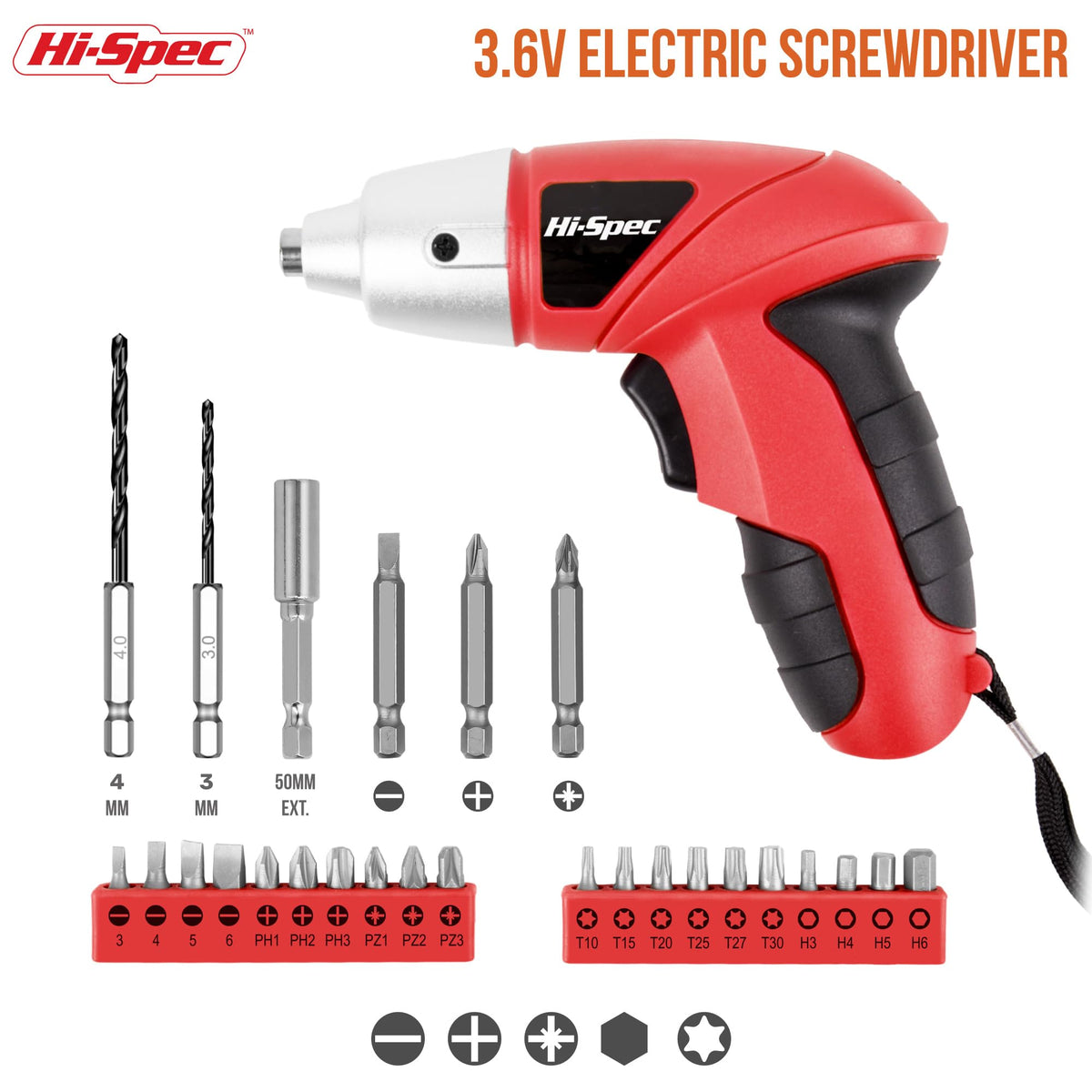 Hi-Spec Small Electric Screwdriver – 3.6V Cordless, USB Rechargeable, 23 Bits, Compact Red