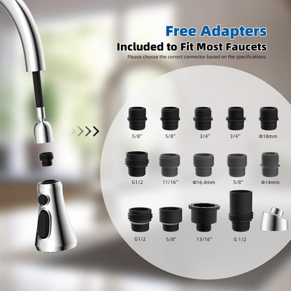 Hibbent Pull-Down Faucet Head Replacement — 3-Function Sprayer, 15 Adapters, NSF/cUPC Chrome