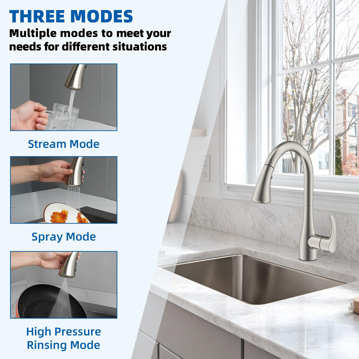Hibbent Curved Pull-Down Faucet Head Replacement – 3-Function, 14 Adapters, Brushed Nickel
