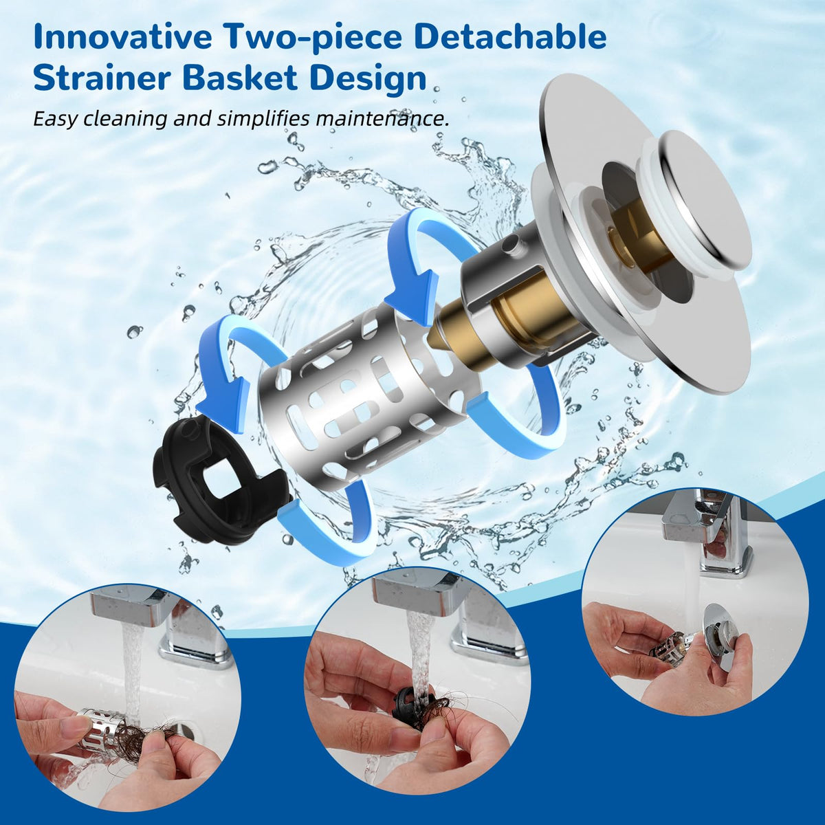 Hibbent 2 Pack 3-in-1 Bathroom Sink Drain Strainer with Pop-Up Stopper