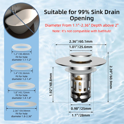 Hibbent 2 Pack 3-in-1 Bathroom Sink Drain Strainer with Pop-Up Stopper