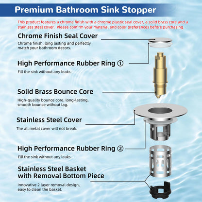 Hibbent 2 Pack 3-in-1 Bathroom Sink Drain Strainer with Pop-Up Stopper