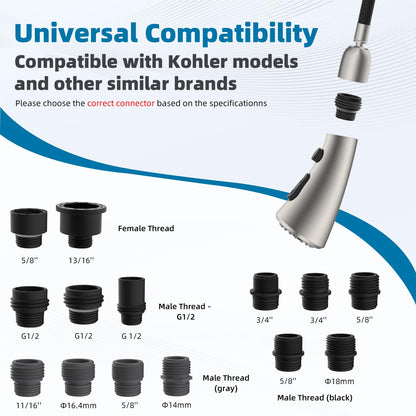 Hibbent Curved Pull-Down Faucet Head Replacement – 3-Function, 14 Adapters, Brushed Nickel