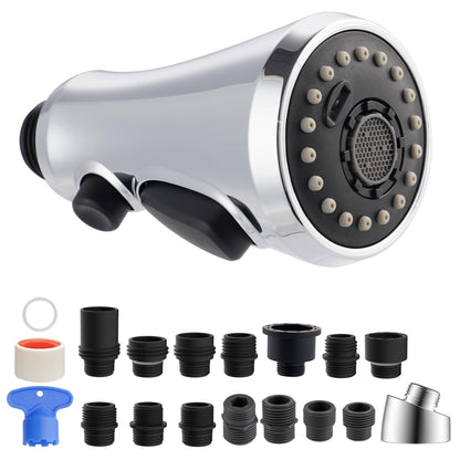 Hibbent Pull-Down Faucet Head Replacement — 3-Function Sprayer, 15 Adapters, NSF/cUPC Chrome