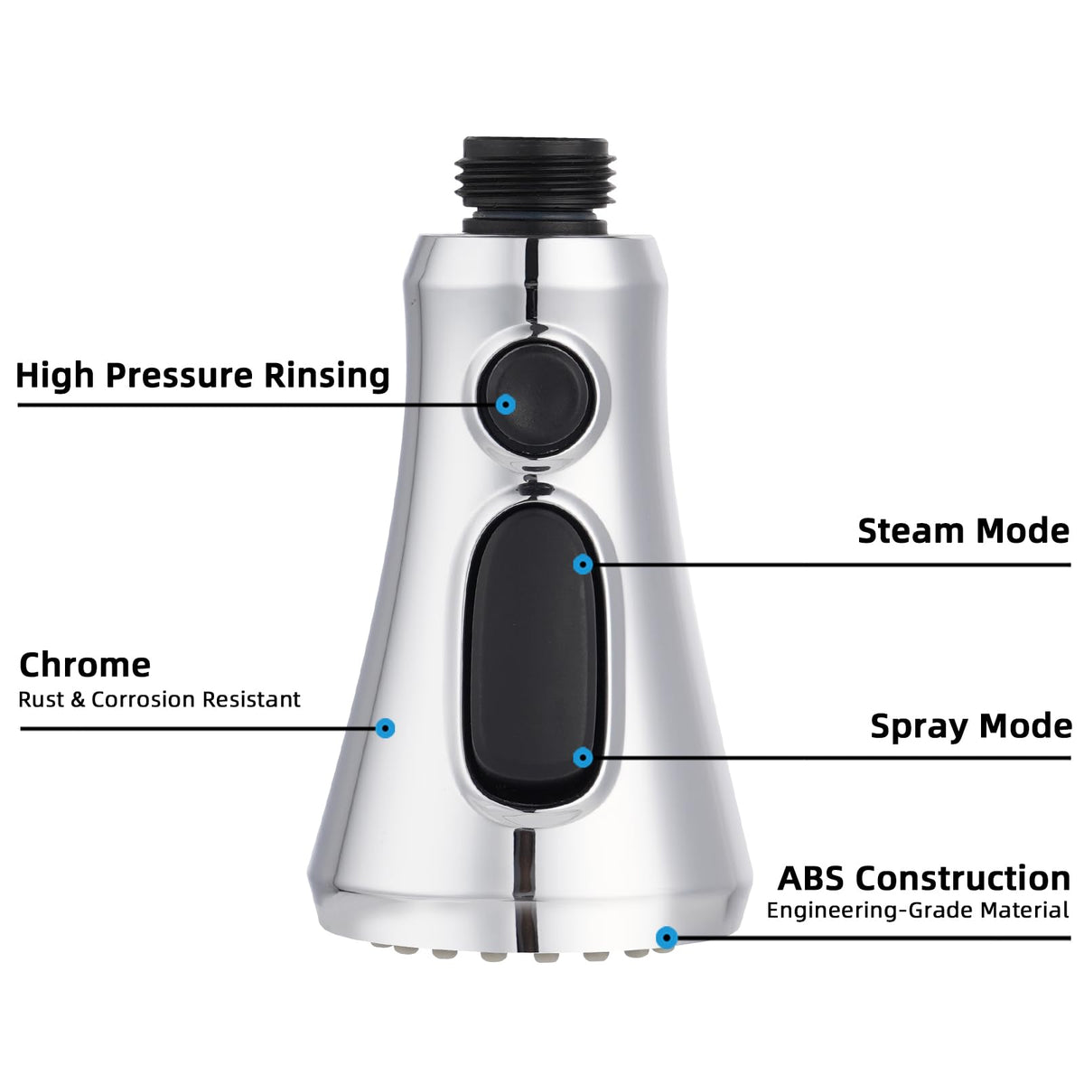 Hibbent Pull-Down Faucet Head Replacement — 3-Function Sprayer, 15 Adapters, NSF/cUPC Chrome