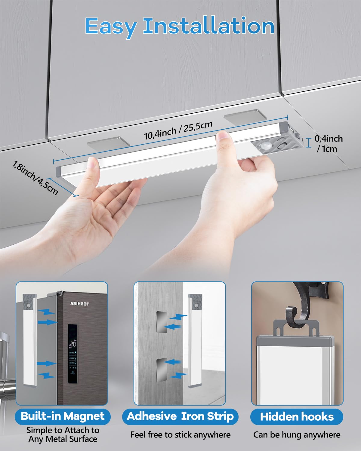 HIBOITEC Under Cabinet Lighting – Wireless Rechargeable, 50-LED, Magnetic, Motion Sensor, 10-Inch (2-Pack)