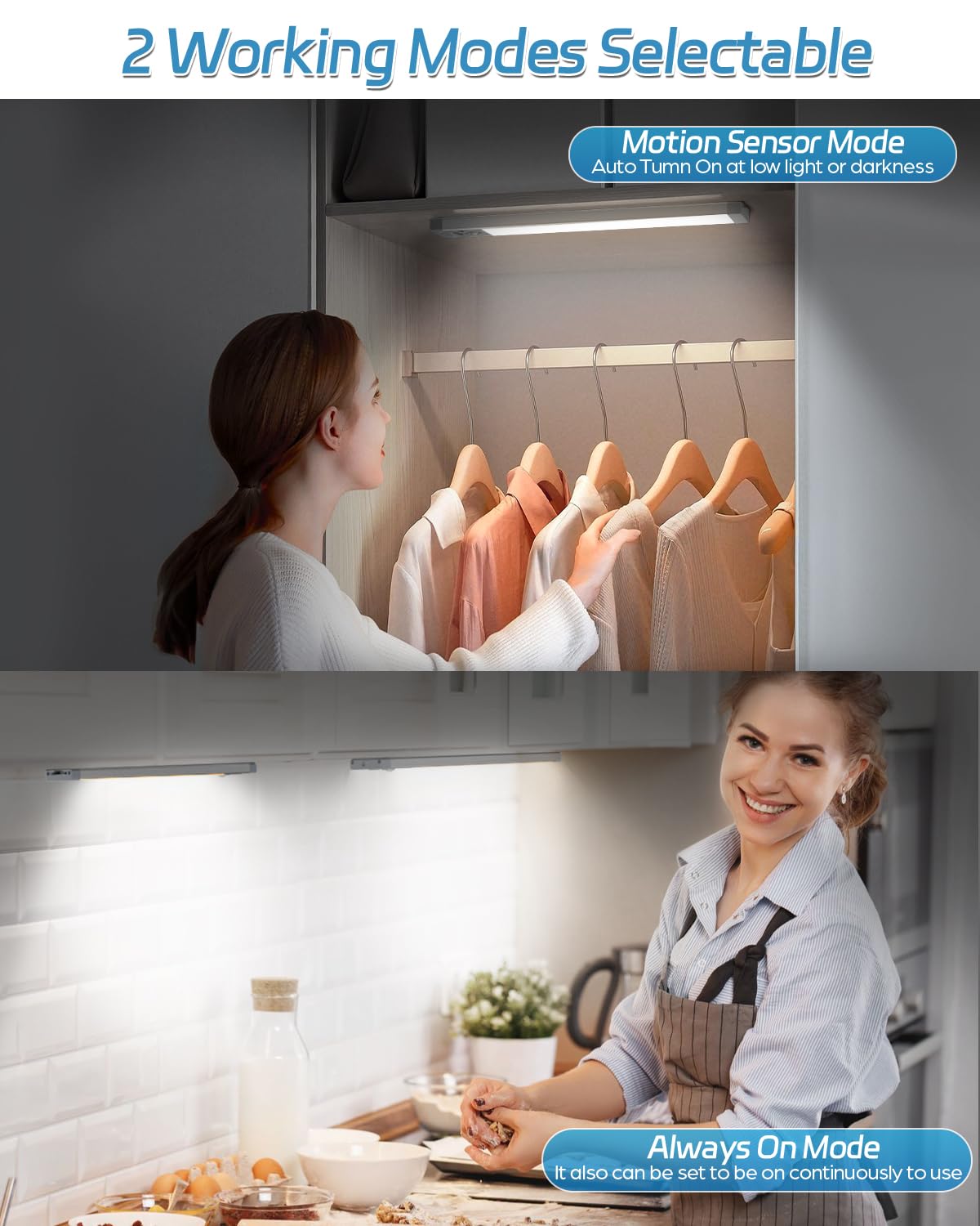 HIBOITEC Under Cabinet Lighting – Wireless Rechargeable, 50-LED, Magnetic, Motion Sensor, 10-Inch (2-Pack)