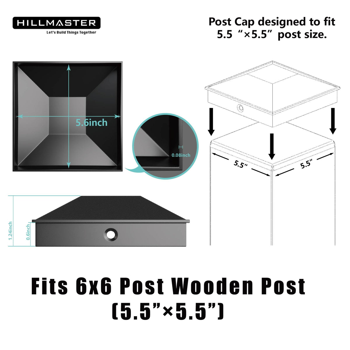 Hillmaster 6x6 Post Caps for Wood Fence Posts – Waterproof, UV-Proof, 4-Pack, Black