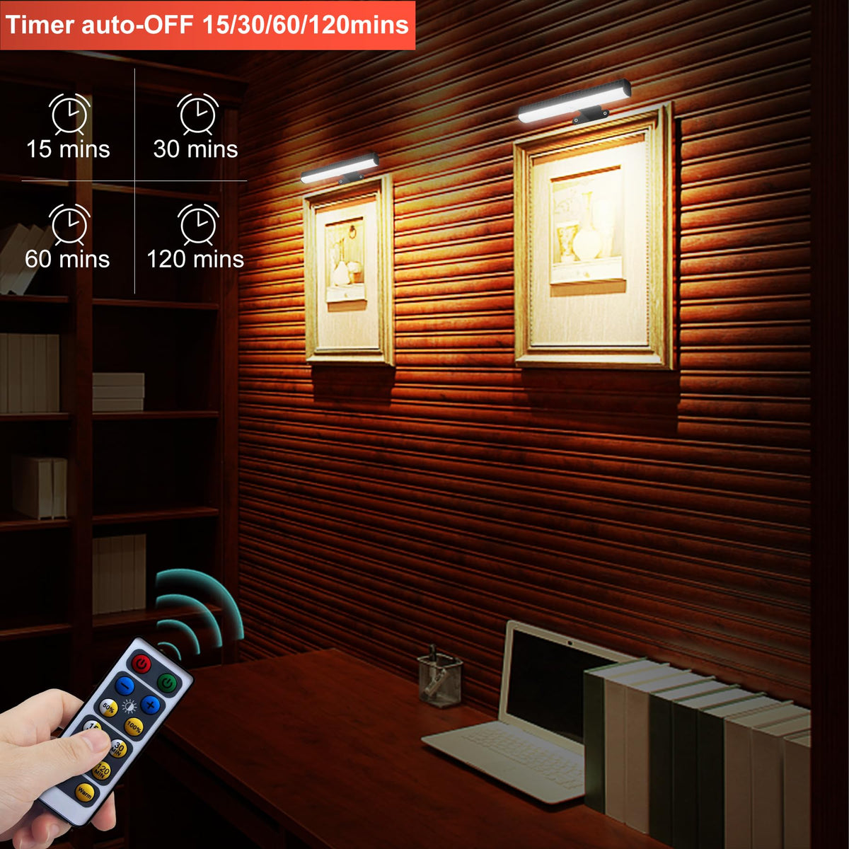 HIPTOKING 4-Pack Battery-Operated Picture Light with Remote – 3 Color Temps, Dimmable, Auto-Timer