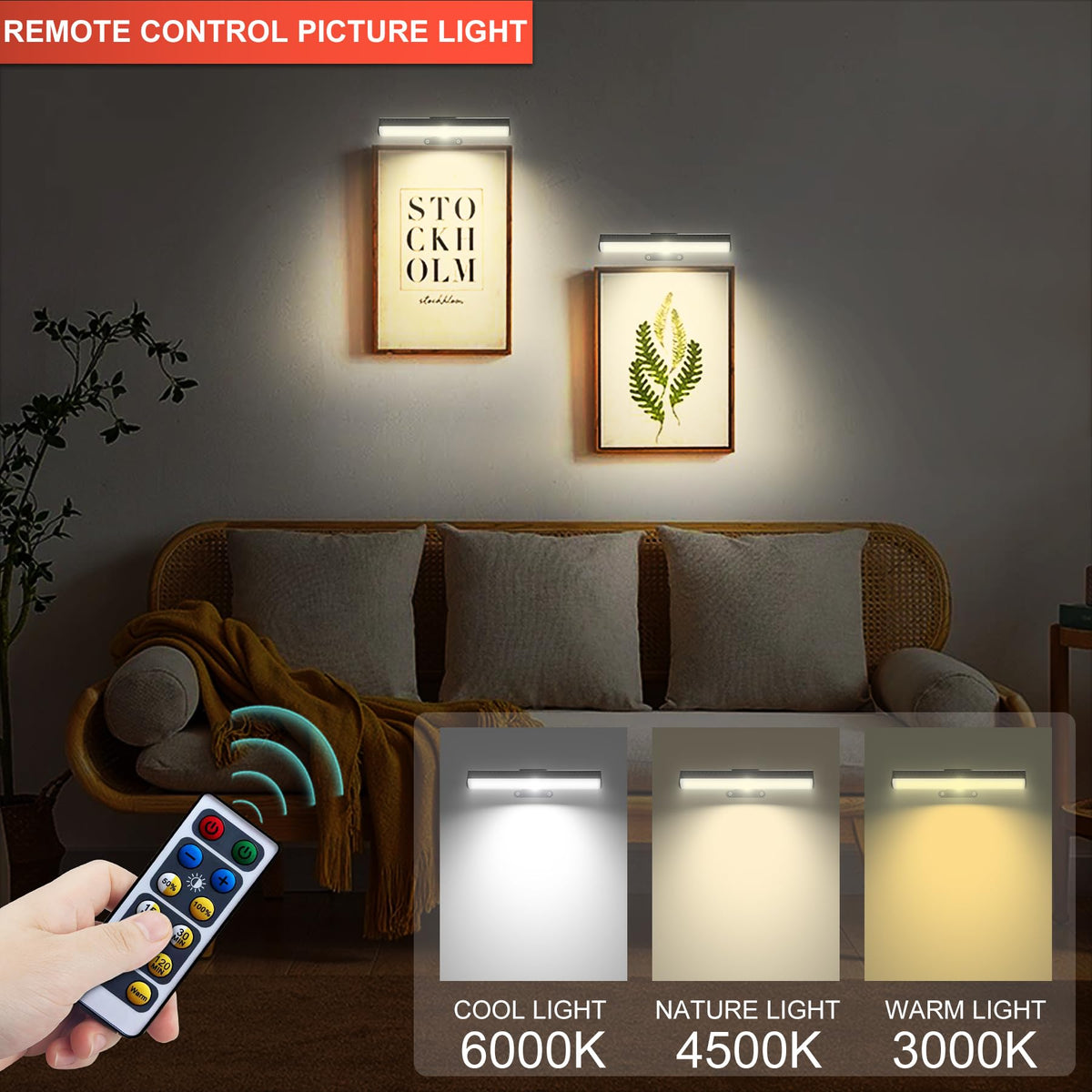 HIPTOKING 4-Pack Battery-Operated Picture Light with Remote – 3 Color Temps, Dimmable, Auto-Timer