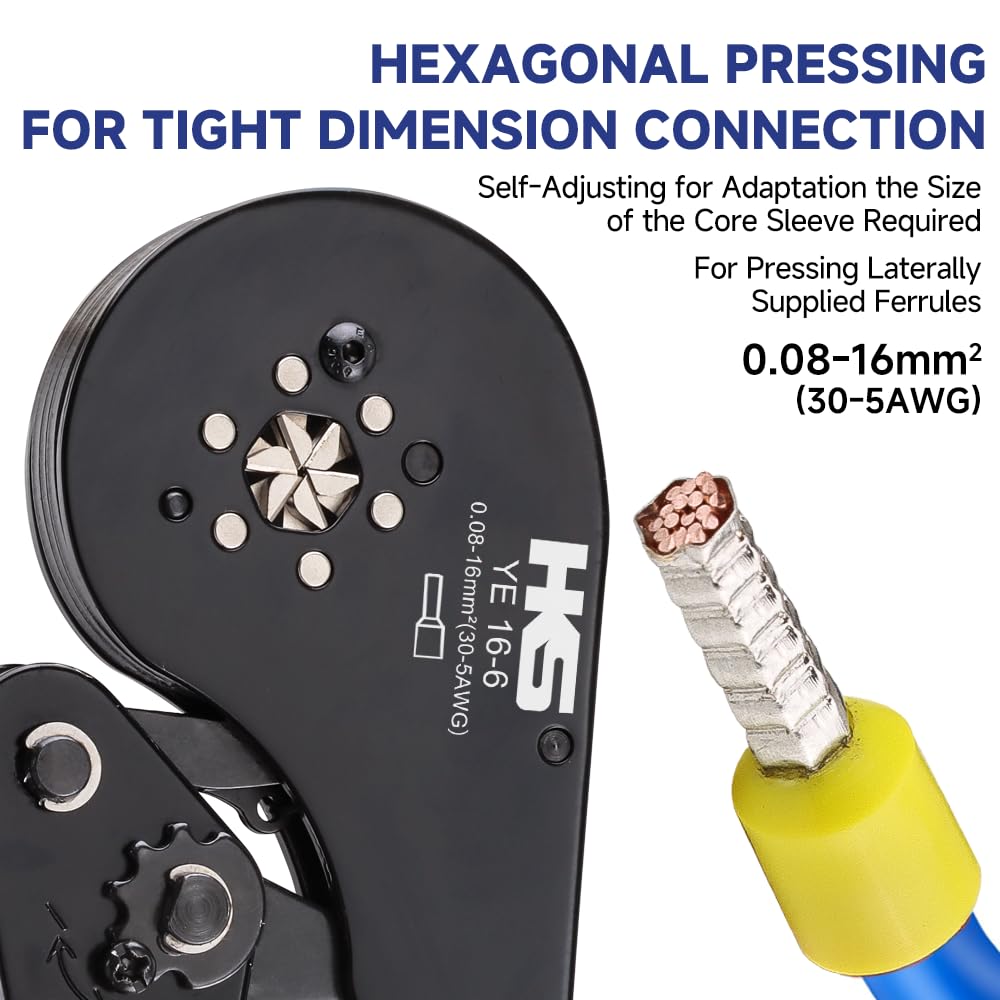 HKS Ferrule Crimping Tool AWG 30-5 – Hex Self-Adjusting Ratchet Crimper for Terminals & Ferrules
