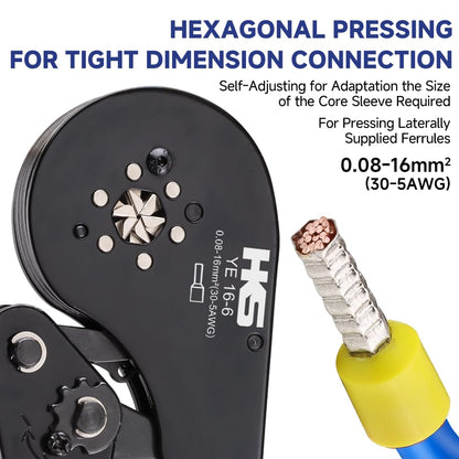 HKS Ferrule Crimping Tool AWG 30-5 – Hex Self-Adjusting Ratchet Crimper for Terminals & Ferrules