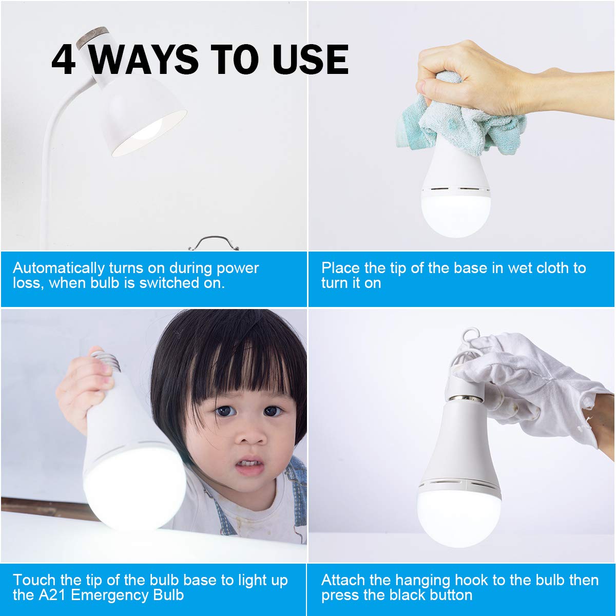 HOLDWILL 6 Pack Rechargeable Emergency LED Bulbs | 60W Equivalent, 900 lm, 6000K, E26/E27