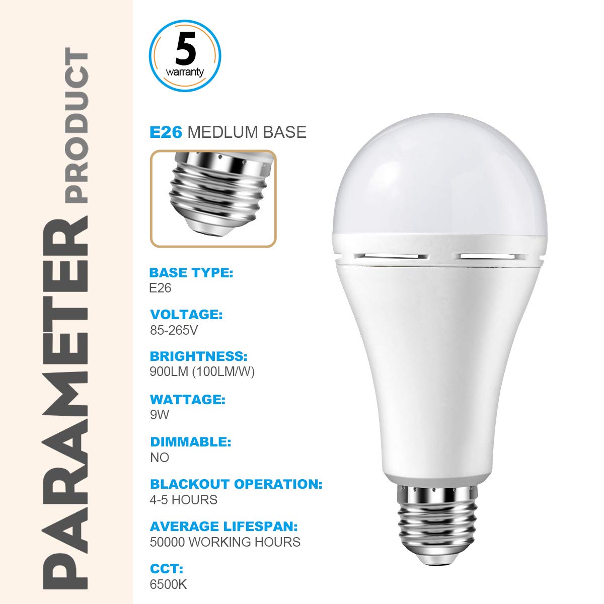 HOLDWILL 6 Pack Rechargeable Emergency LED Bulbs | 60W Equivalent, 900 lm, 6000K, E26/E27