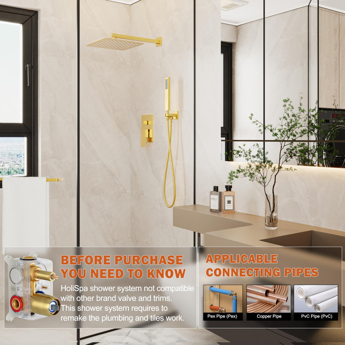 HoliSpa Gold Shower System – 10-Inch Rainhead & Handheld, Brushed Gold, Wall-Mounted High-Pressure