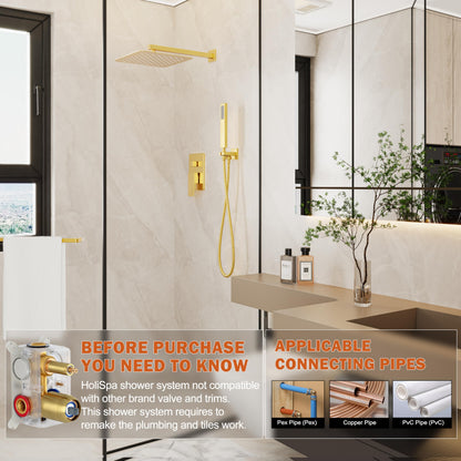 HoliSpa Gold Shower System – 10-Inch Rainhead & Handheld, Brushed Gold, Wall-Mounted High-Pressure