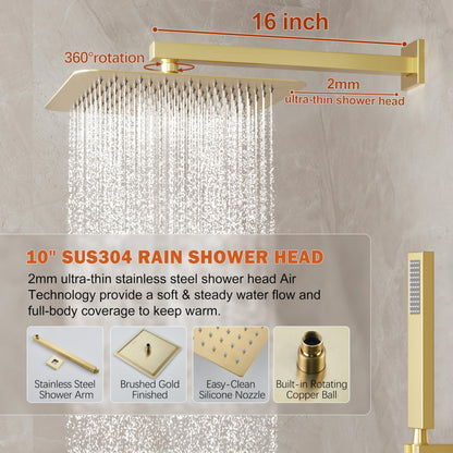 HoliSpa Gold Shower System – 10-Inch Rainhead & Handheld, Brushed Gold, Wall-Mounted High-Pressure