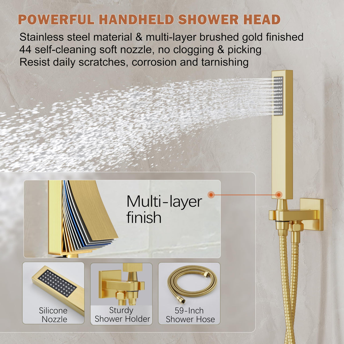 HoliSpa Gold Shower System – 10-Inch Rainhead & Handheld, Brushed Gold, Wall-Mounted High-Pressure