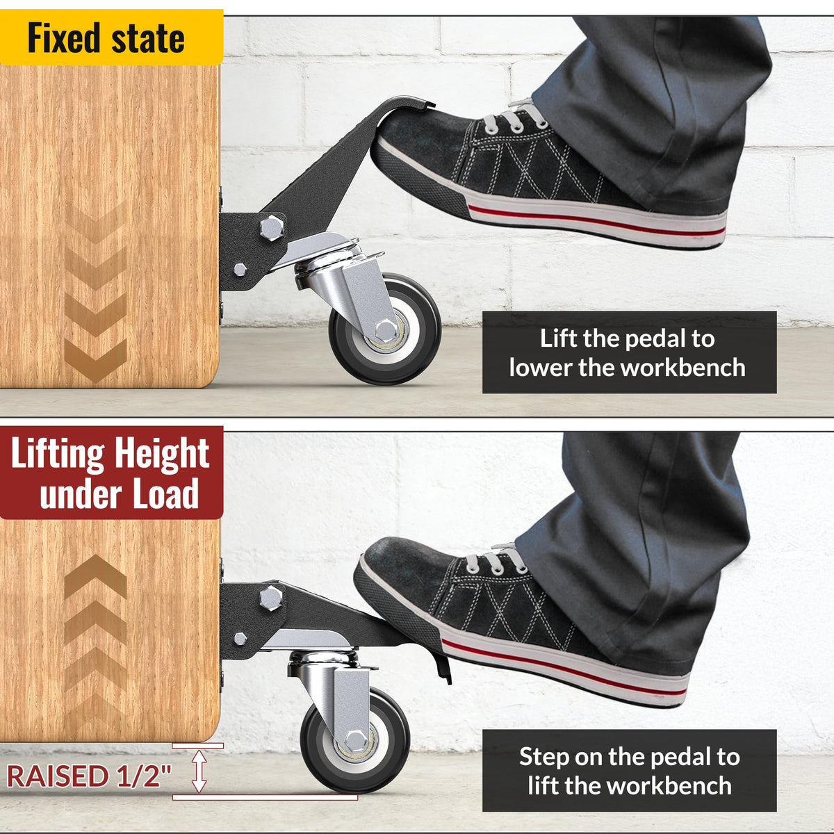 HOLKIE Retractable Casters for Workbenches – Lifting & Lowering, 900 lbs per Caster, 4 Pack, 360° Swivel