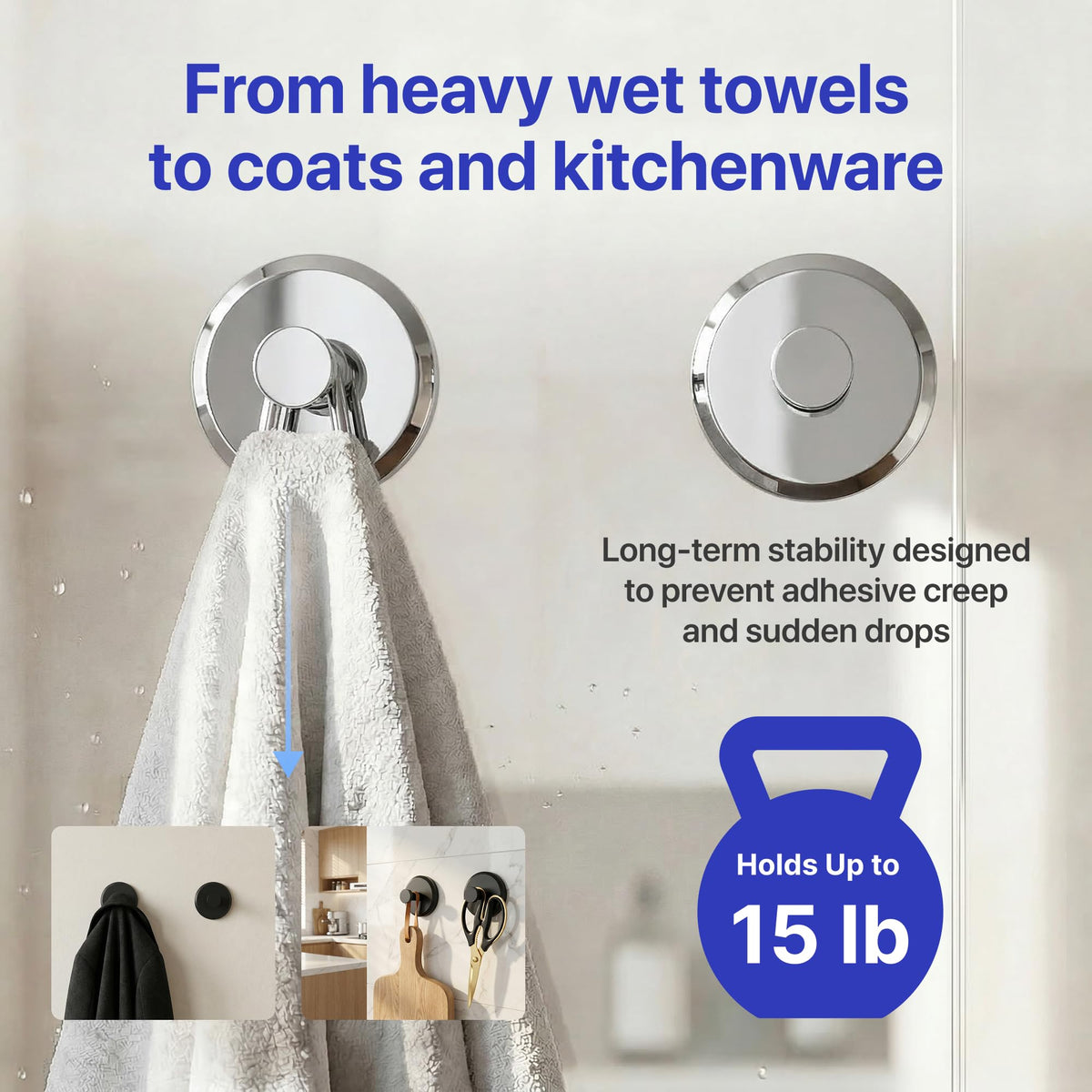 HOME SO Suction Cup Hooks 2-Pack – No-Drill Shower & Bathroom Towel Hooks, Chrome