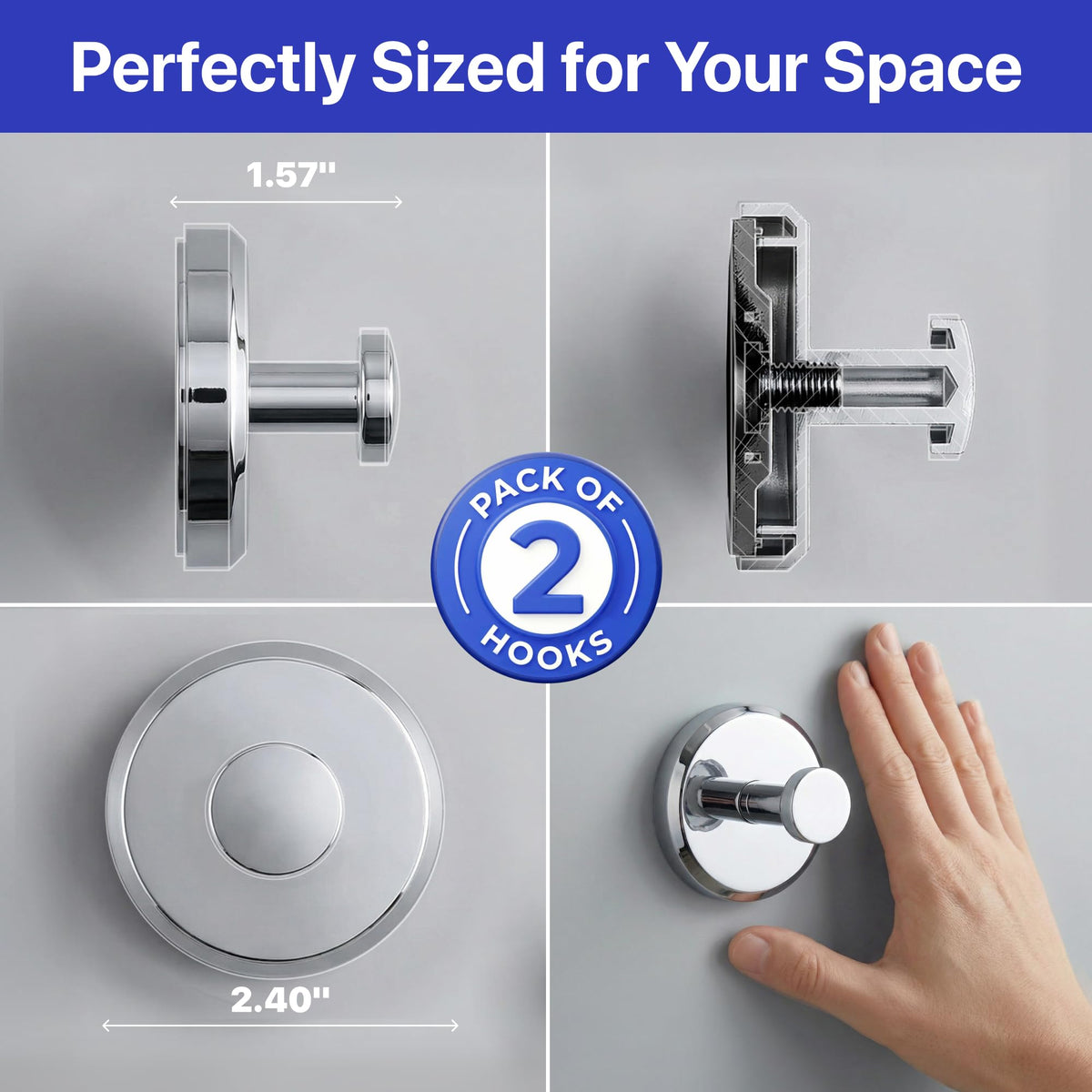 HOME SO Suction Cup Hooks 2-Pack – No-Drill Shower & Bathroom Towel Hooks, Chrome