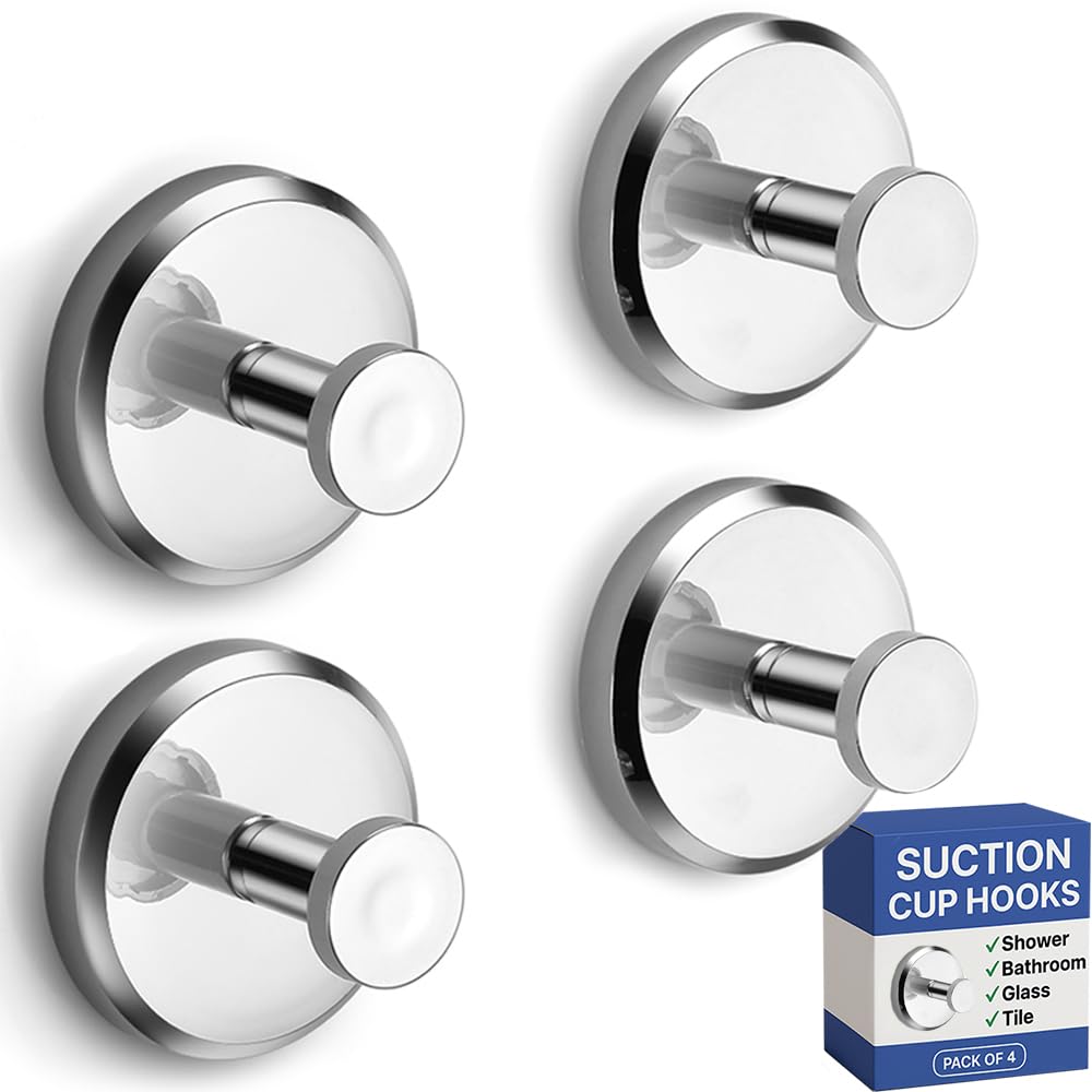 HOME SO Suction Cup Hooks 4-Pack | Shower & Towel Holder, No-Drill Chrome