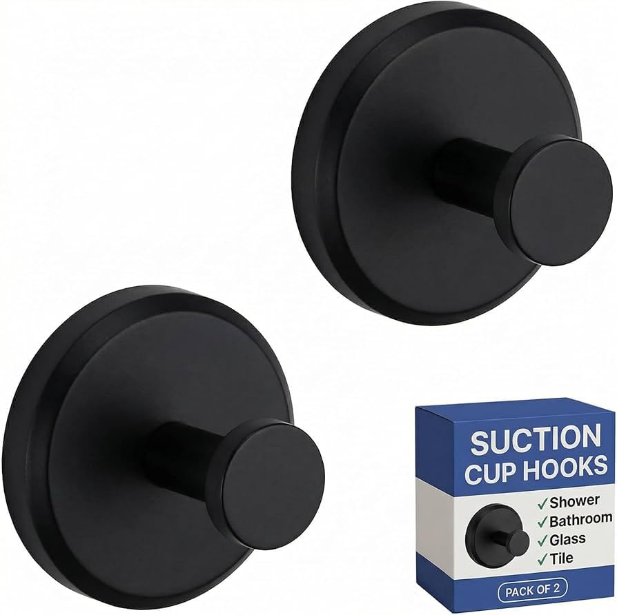HOME SO Suction Cup Hooks 2-Pack – Shower & Bathroom Towel Holder, No-Drill Mount
