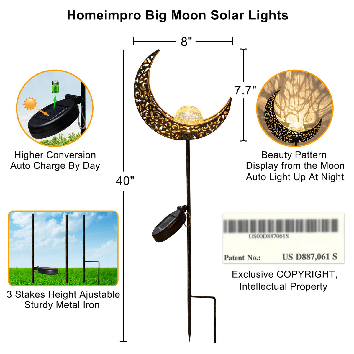 HOMEIMPRO Moon Solar Lights Outdoor – Bronze Crackle Glass Garden Stakes