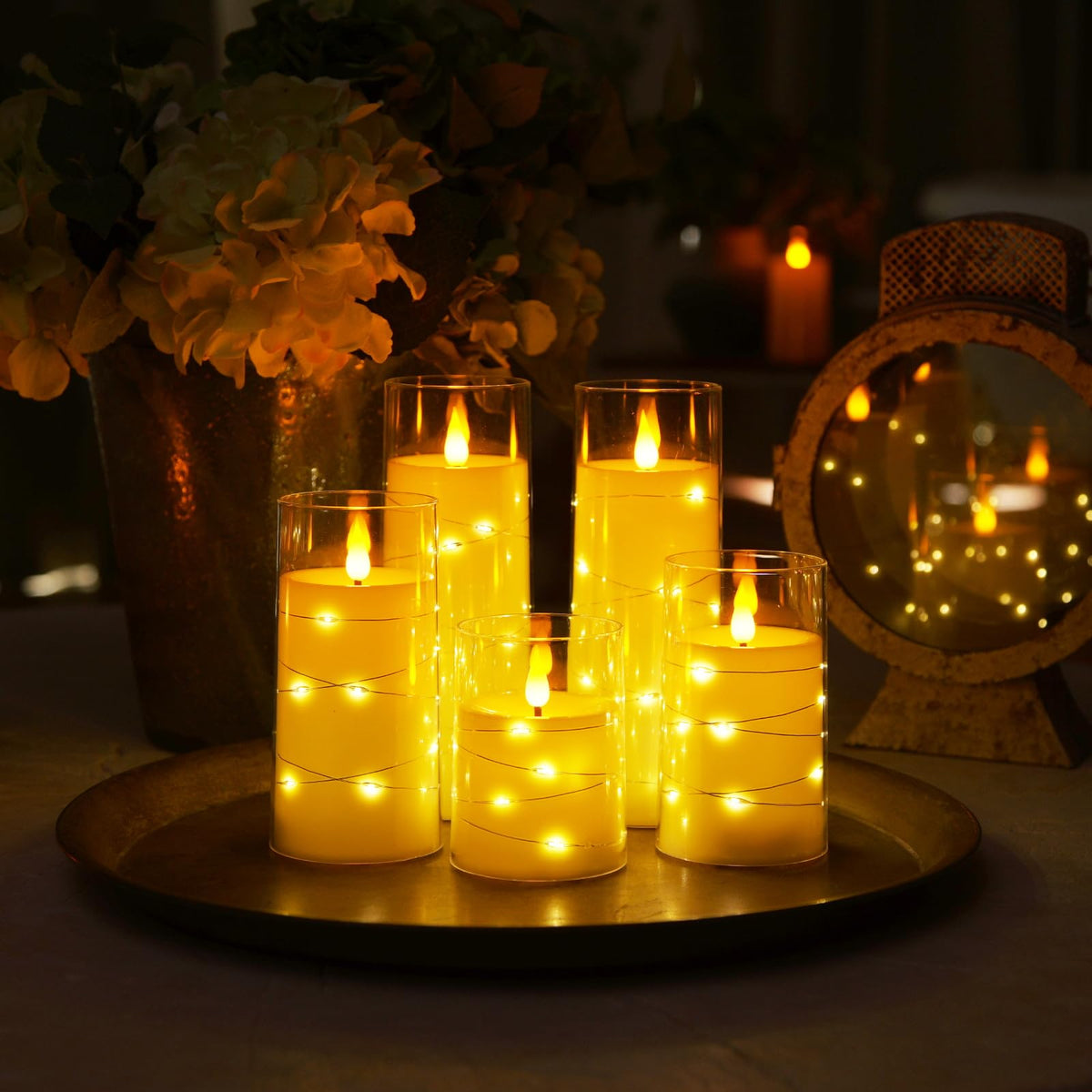 Homemory Flameless Candles with Embedded Star String Lights — Ivory, 5-Piece Set