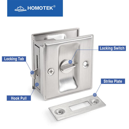 HOMOTEK 2 Pack Privacy Pocket Door Lock Hardware with Pull – Reversible for 1-3/8” Doors, Brushed Nickel