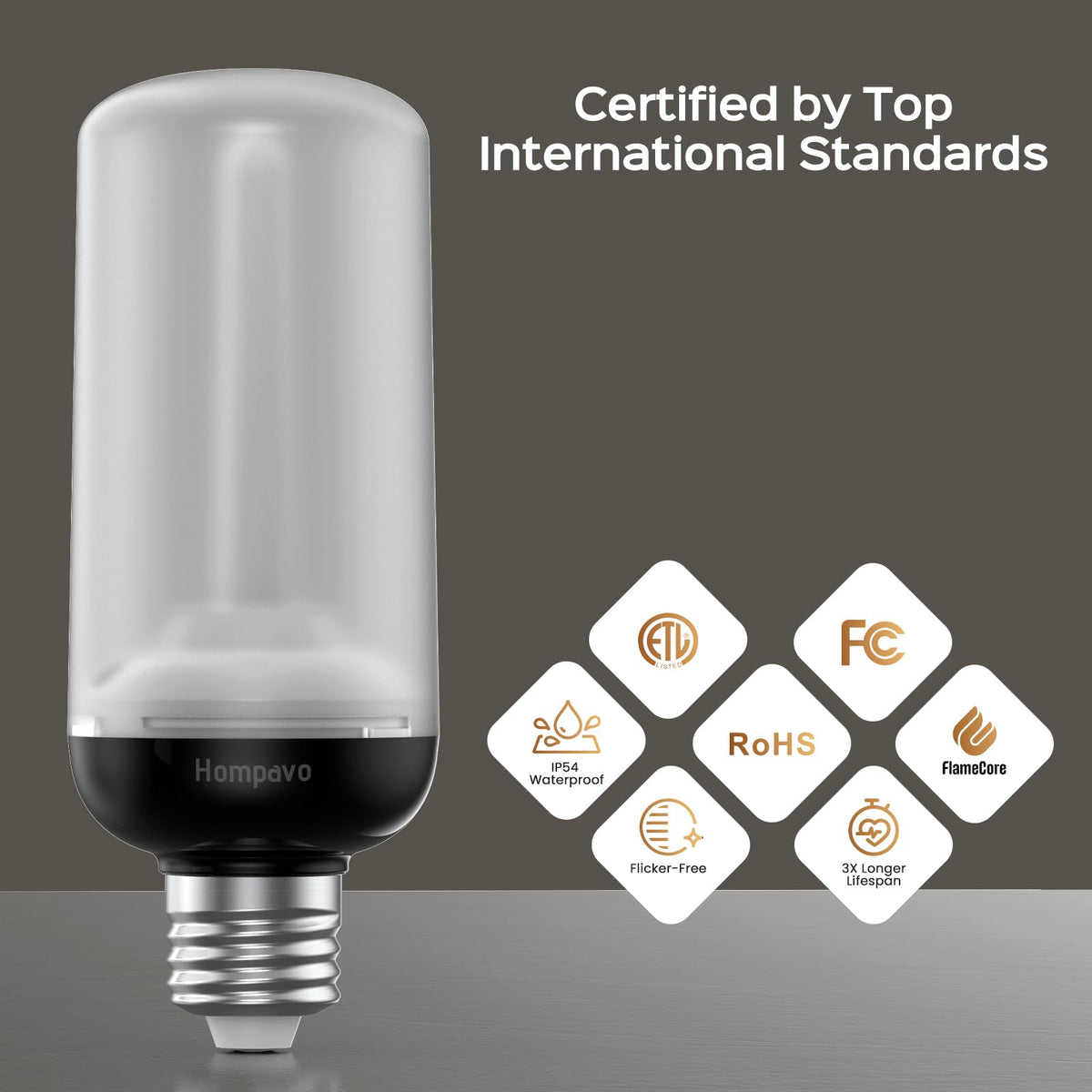 Hompavo Gen2 LED Flame Bulb - Realistic 3-Mode Flicker, IP54 Outdoor, E26 Base