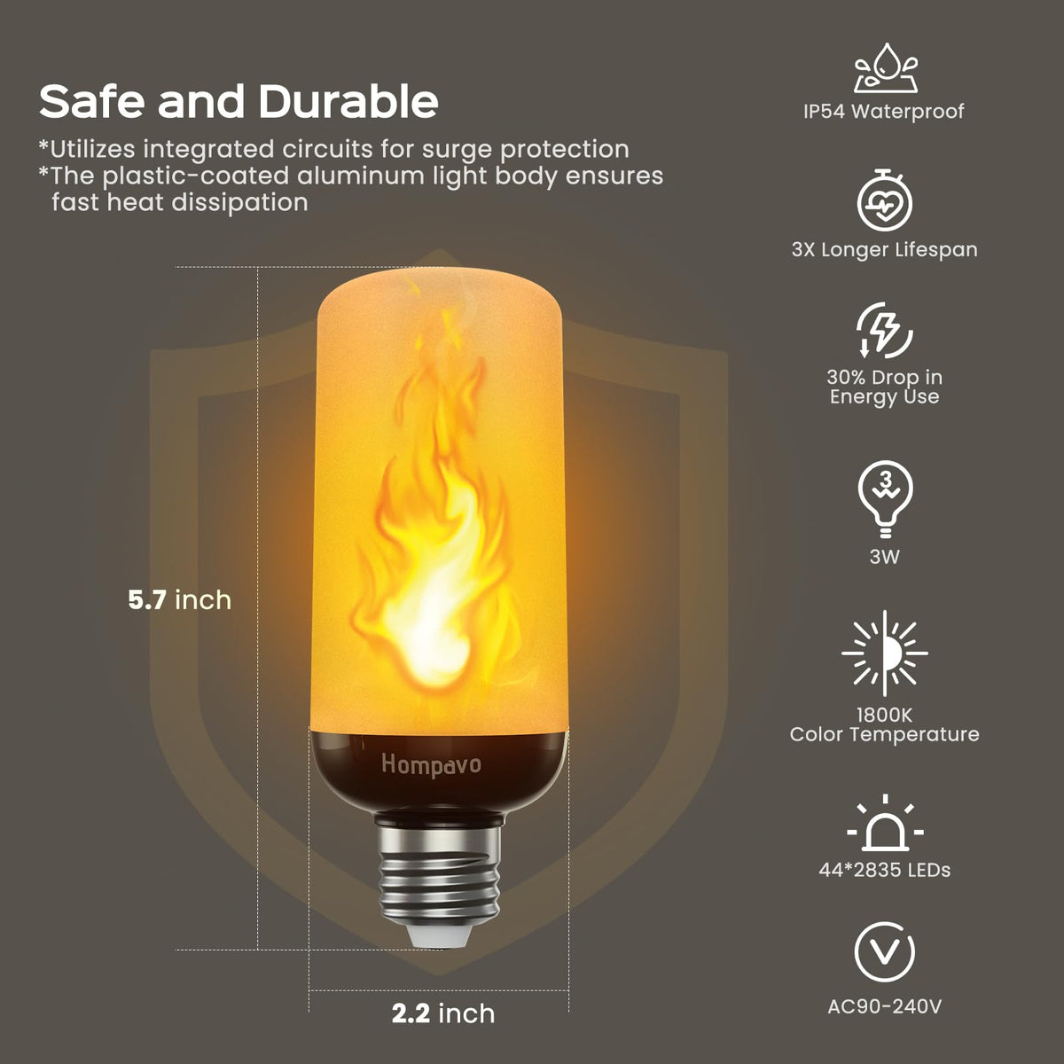 Hompavo Gen2 LED Flame Bulb - Realistic 3-Mode Flicker, IP54 Outdoor, E26 Base
