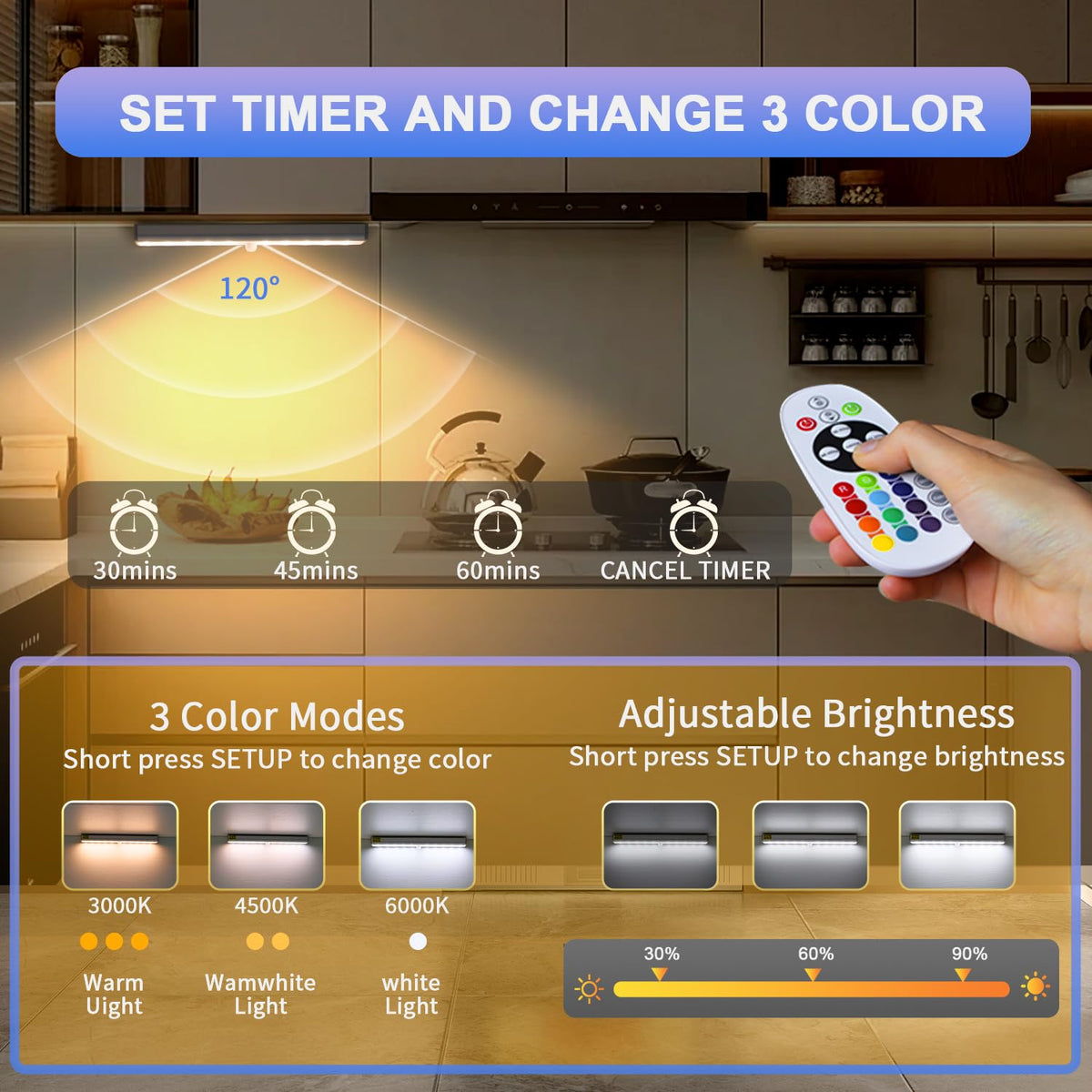 Hontafe Under Cabinet Lights with Remote Control | 15 Colors RGB LED, Rechargeable, Dimmable (3-Pack)