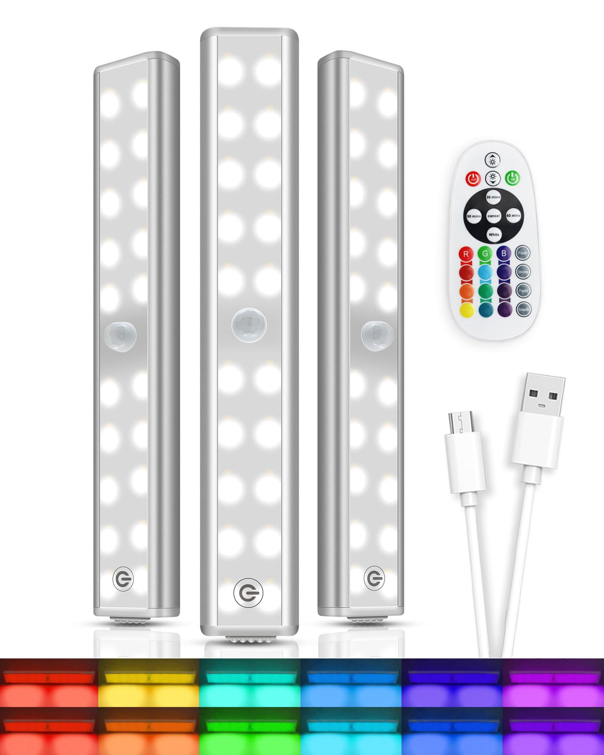 Hontafe Under Cabinet Lights with Remote Control | 15 Colors RGB LED, Rechargeable, Dimmable (3-Pack)